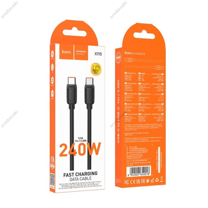 Кабель HOCO X115 Surpass fast charging data cable Type-C to Type-C 240W 5A 1m Black
