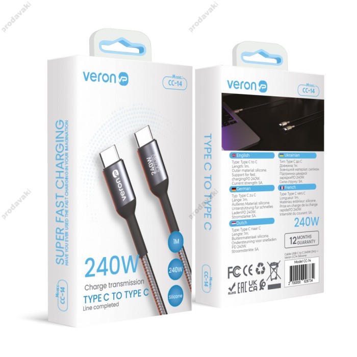 Кабель Veron CC14 Nylon Cable Type-C to Type-C 240W 5A 1m Black