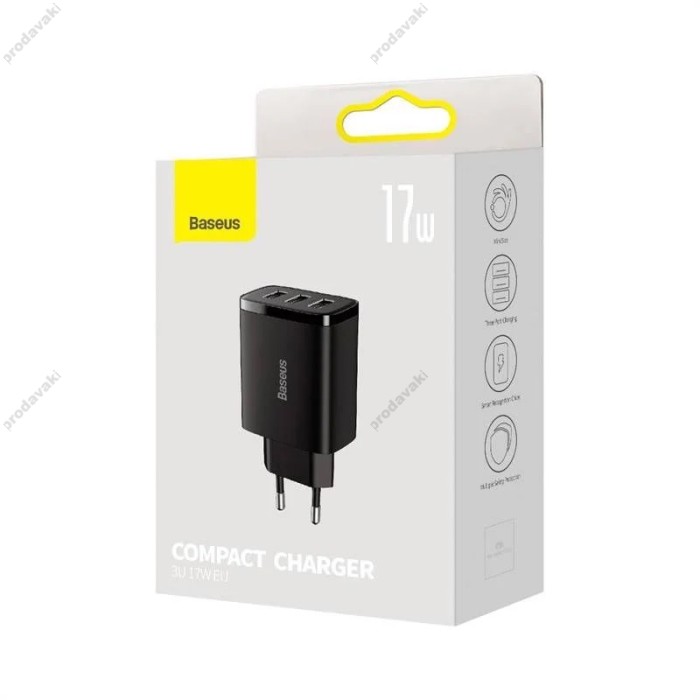 Мережевий зарядний пристрій Baseus Compact Charger 3U 17W EU Black CCXJ020101