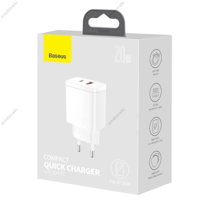 Мережевий зарядний пристрій Baseus Compact Quick Charger U+C 20W EU White CCXJ-B02