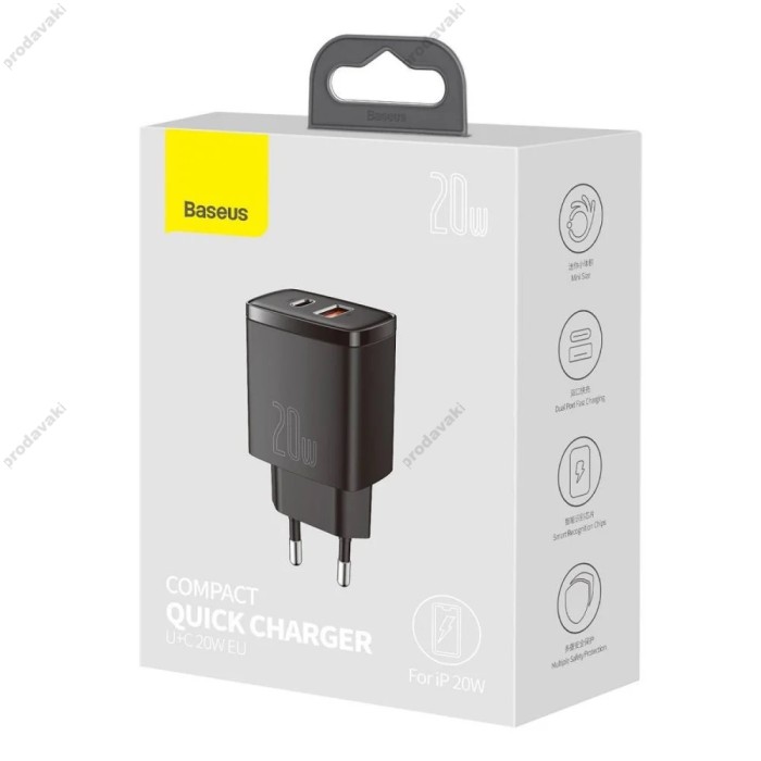 Мережевий зарядний пристрій Baseus Compact Quick Charger U+C 20W EU Black CCXJ-B01