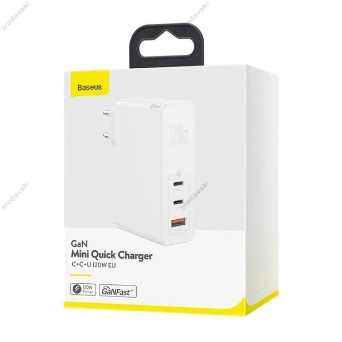 Мережевий зарядний пристрій Baseus GaN2 Pro Quick Charger 2C+U Type-C cable 120W White CCGAN-J02