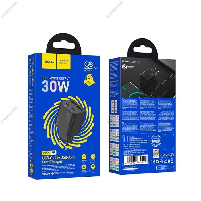Мережевий зарядний пристрій HOCO N56 Fundador four-port charger 30W Black