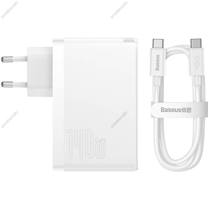 Мережевий зарядний пристрій Baseus GaN5 Pro Fast Charger 2C+U Type-C cable 140W White CCGP100202
