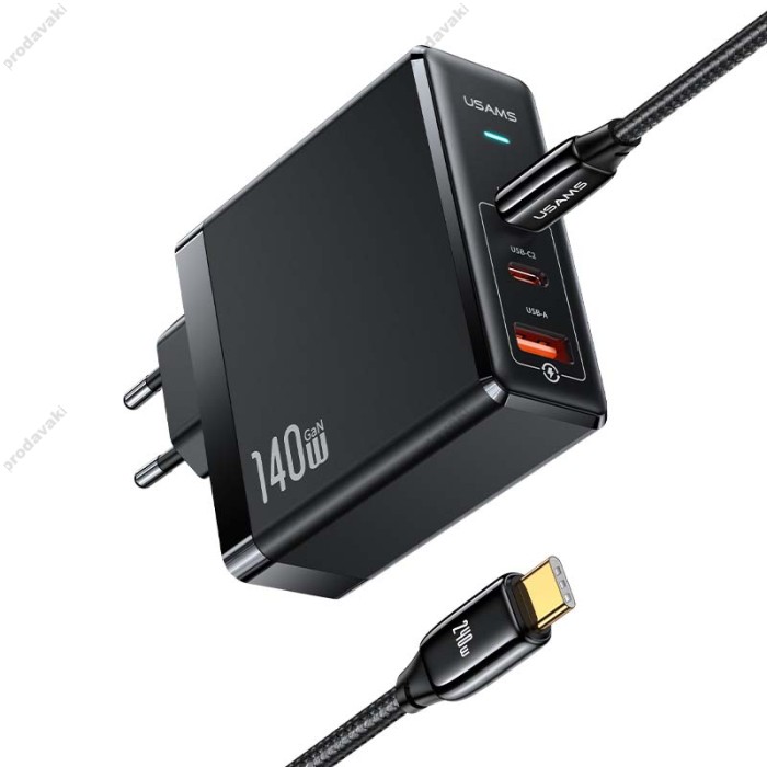 Мережевий зарядний пристрій USAMS T52 US-CC168  Fast Charger Kit GaN Type-C cable 140W Black