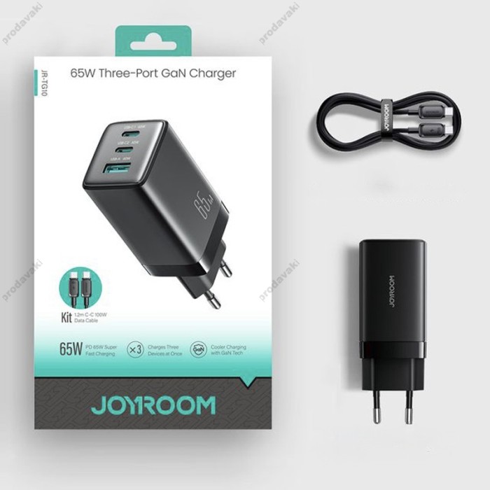 Мережевий зарядний пристрій JoyRoom JR-TG10 GaN Three-Port Type-C cable 65W Black