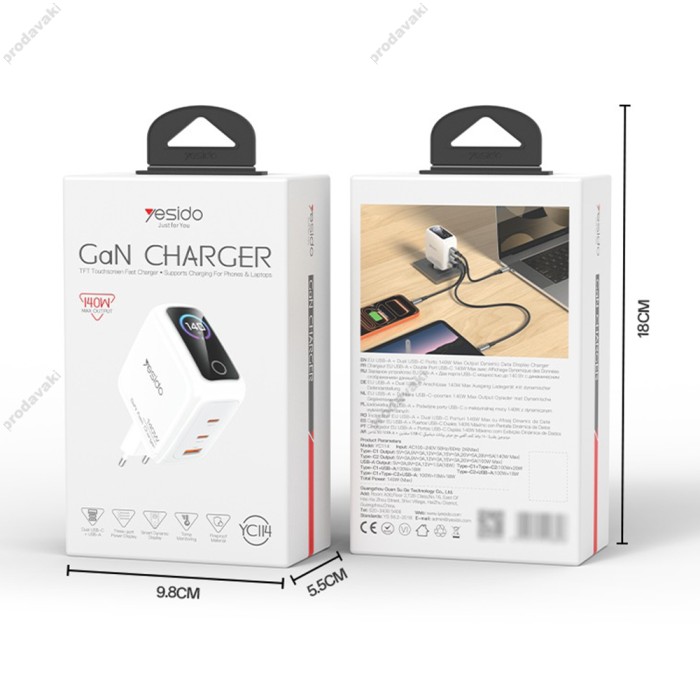 Мережевий зарядний пристрій Yesido YC114 GaN Display 140W White