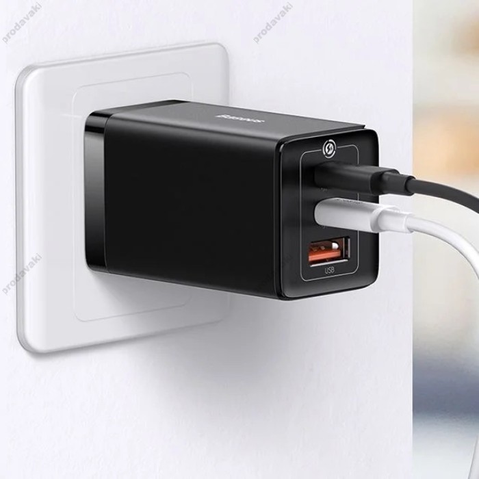Мережевий зарядний пристрій Baseus GaN5 Pro Fast Charger 2C+U Type-C cable 65W White CCGP120201