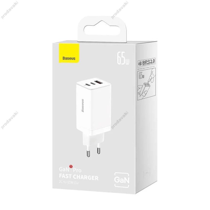 Мережевий зарядний пристрій Baseus GaN5 Pro Fast Charger 2C+U Type-C cable 65W White CCGP120202
