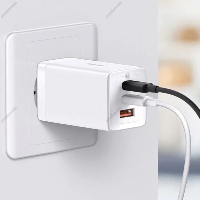 Мережевий зарядний пристрій Baseus GaN5 Pro Fast Charger 2C+U Type-C cable 65W White CCGP120202