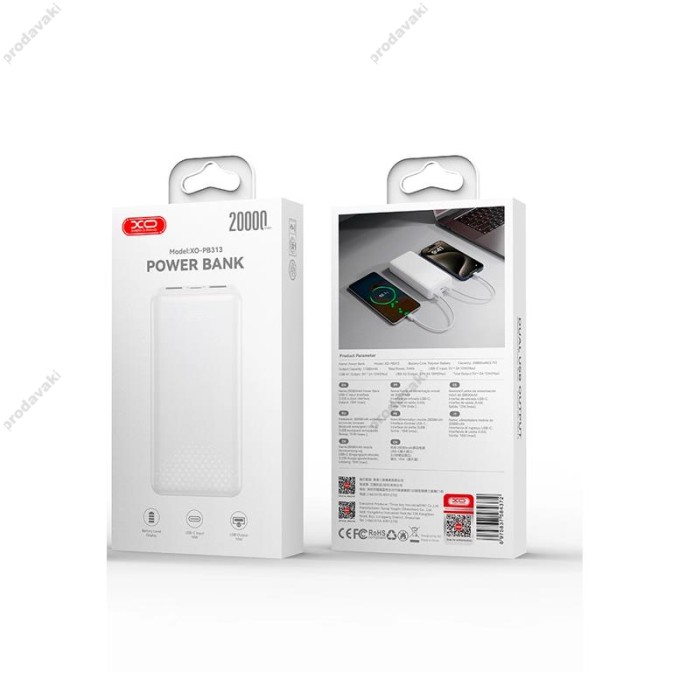 Повербанк портативний акумулятор Power bank XO PB313 Light display 20000 mAh White