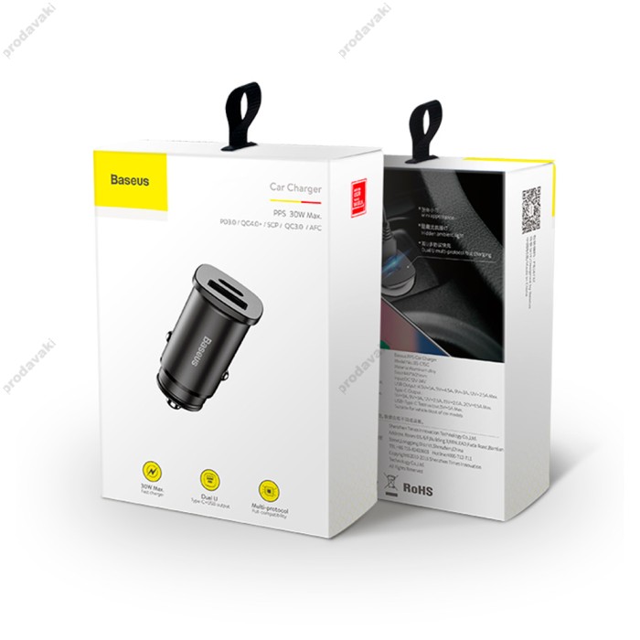 Автомобільний зарядний пристрій Baseus Square Metal PD 3.0 QC USB + Type-C 30W Black CCALL-AS01