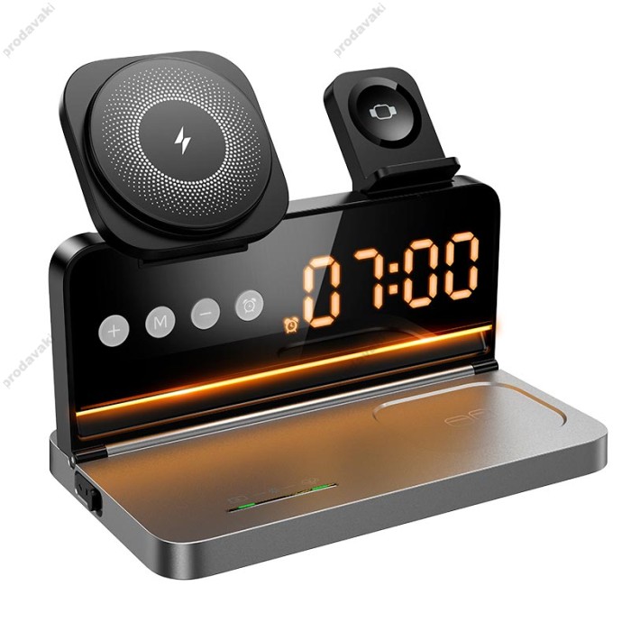 Беспровідний зарядний пристрій HOCO DWQ03 4-in-1 бездротовий charger with alarm clock 15W Black