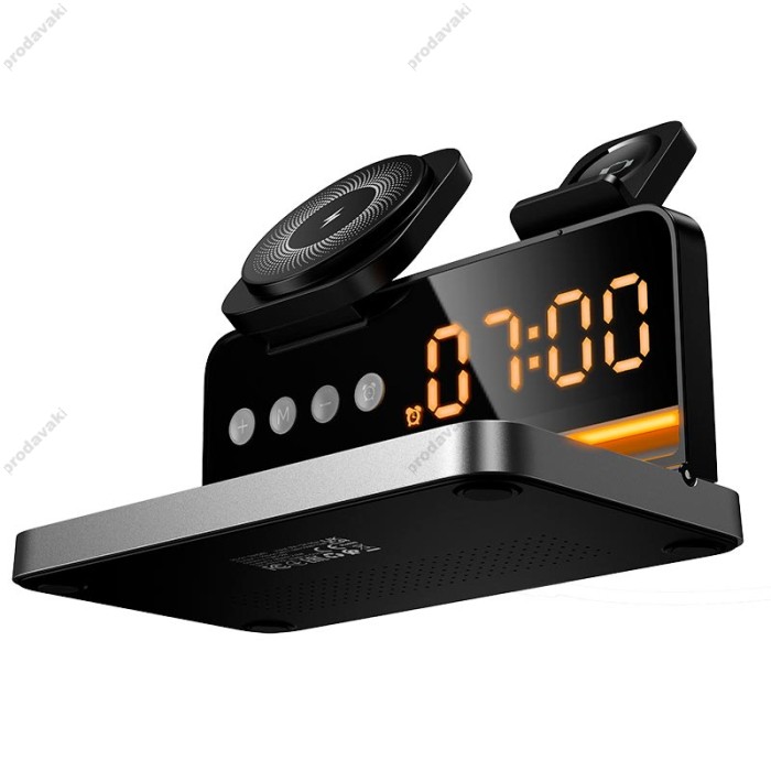 Беспровідний зарядний пристрій HOCO DWQ03 4-in-1 бездротовий charger with alarm clock 15W Black