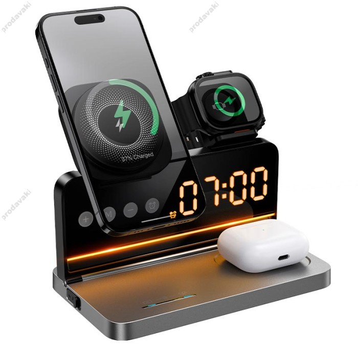 Беспровідний зарядний пристрій HOCO DWQ03 4-in-1 бездротовий charger with alarm clock 15W Black