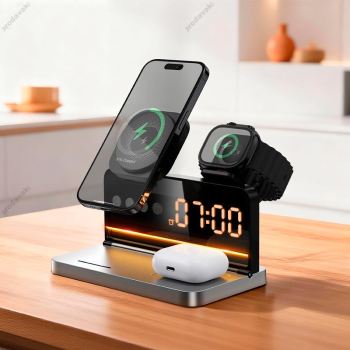 Беспровідний зарядний пристрій HOCO DWQ03 4-in-1 бездротовий charger with alarm clock 15W Black