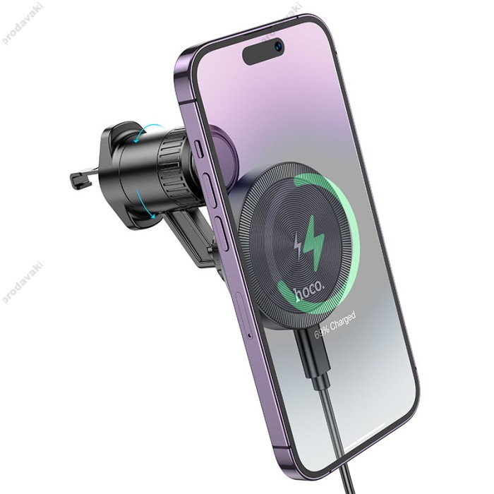 Автомобільний тримач із бездротовою зарядкою Hoco HW6 Vision metal magnetic wireless (air outlet) Black