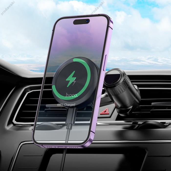 Автомобільний тримач із бездротовою зарядкою Hoco HW6 Vision metal magnetic wireless (air outlet) Black
