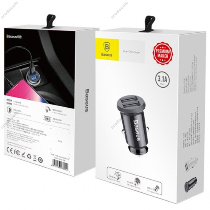 Автомобільний зарядний пристрій Baseus Grain Mini Dual USB Smart Car Charger 3.1A Black CCALL-ML01