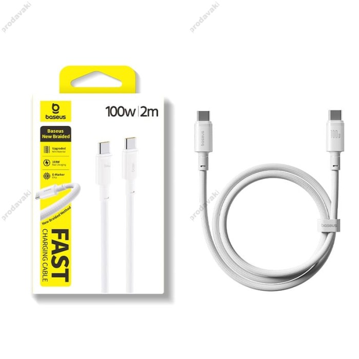 Кабель Baseus New Braided Type-C to Type-C 100W 5A 2m White E0426V02