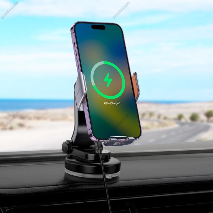 Автомобільний тримач із бездротовою зарядкою Hoco HW8 Transparent Discovery Edition (center console) Grey