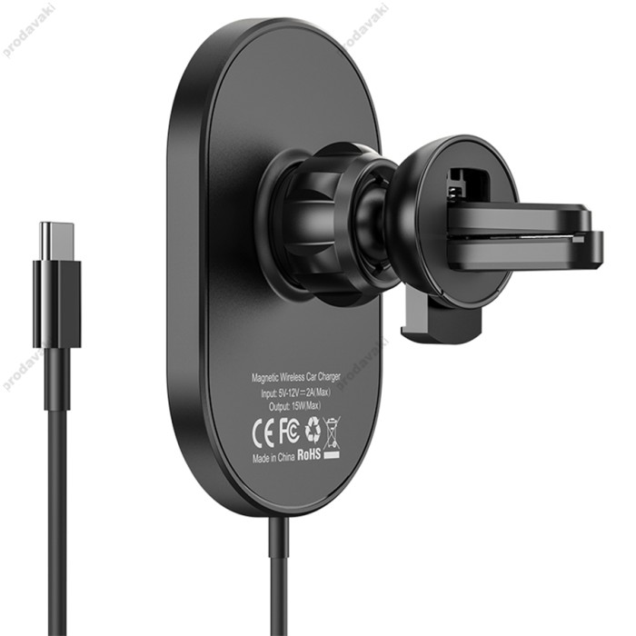 Автомобільний тримач із бездротовою зарядкою Hoco CA90 Powerful magnetic wireless charging 15W Black