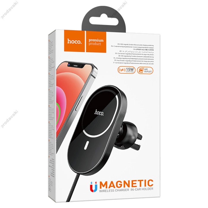 Автомобільний тримач із бездротовою зарядкою Hoco CA90 Powerful magnetic wireless charging 15W Black