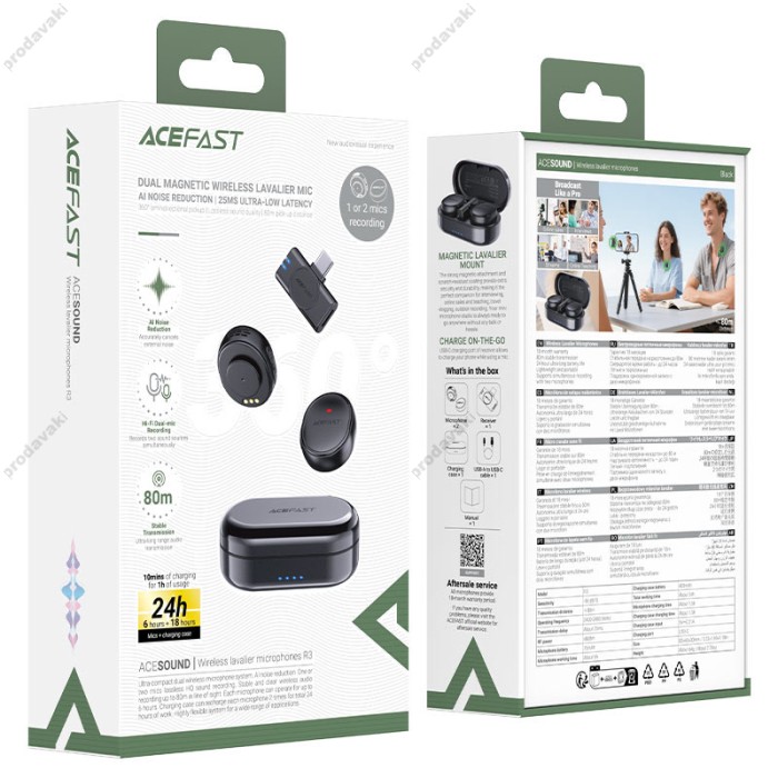 Бездротовий мікрофон ACEFAST R1 wireless lavalier microphones AI Type-C 2 мікрофона Black