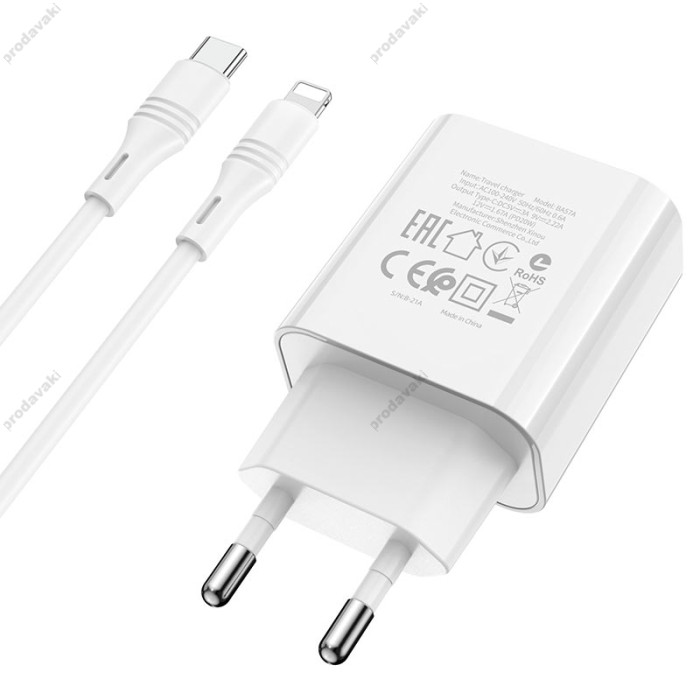 Мережевий зарядний пристрій BOROFONE BA57A Easy Speed Type-C to Lightning cable 20W White