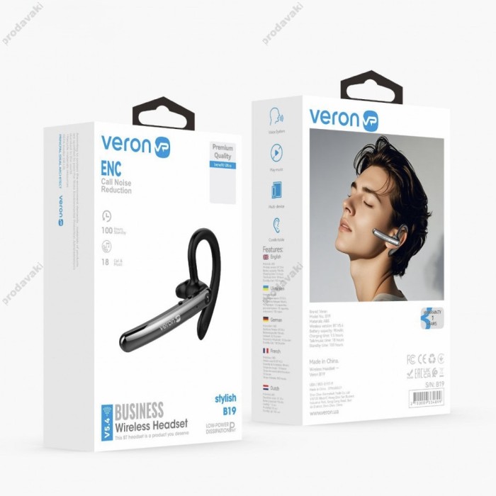 Бездротова Bluetooth гарнітура Veron B19 headset BT 5.4 Black