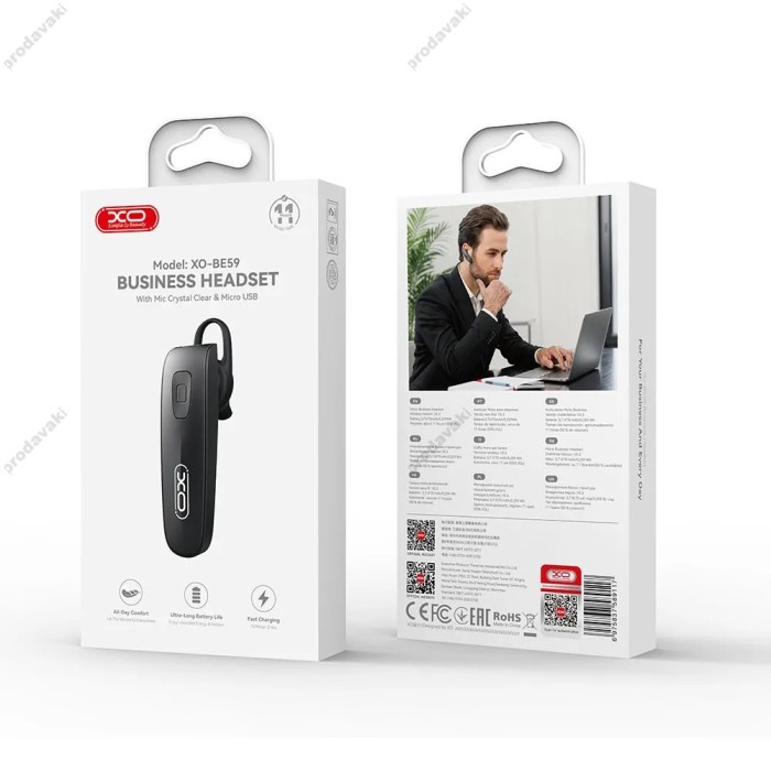 Бездротова Bluetooth гарнітура XO BE59 Business Headset With Mic Crystal Clear BT 5.3 Black