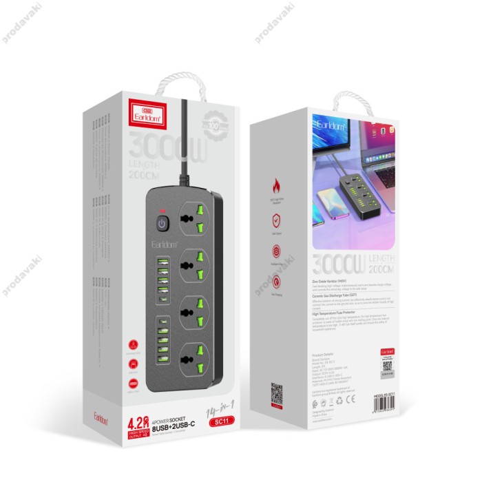 Подовжувач мережевий фільтр Earldom ES-SC11 8U/4P/2C 2m Black