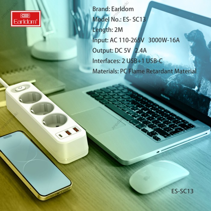 Подовжувач мережевий фільтр Earldom ES-SC13 2U/3P/1C 2m White