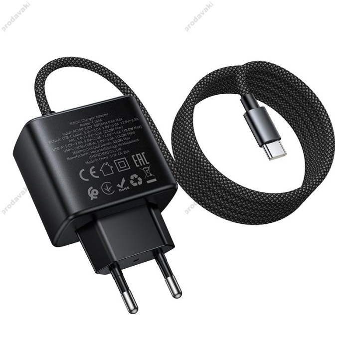 Мережевий зарядний пристрій HOCO C164A New charger Type-C cable U+C 30W Black