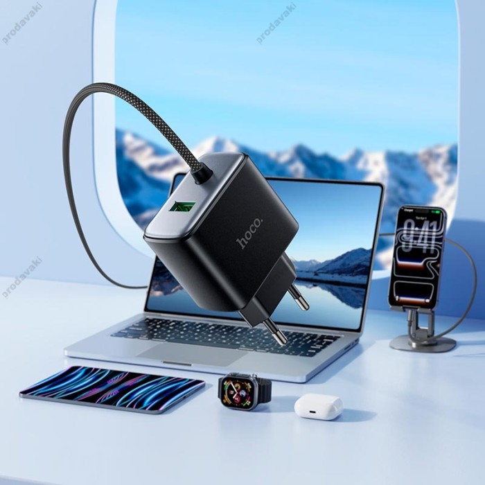 Мережевий зарядний пристрій HOCO C164A New charger Type-C cable U+C 30W Black