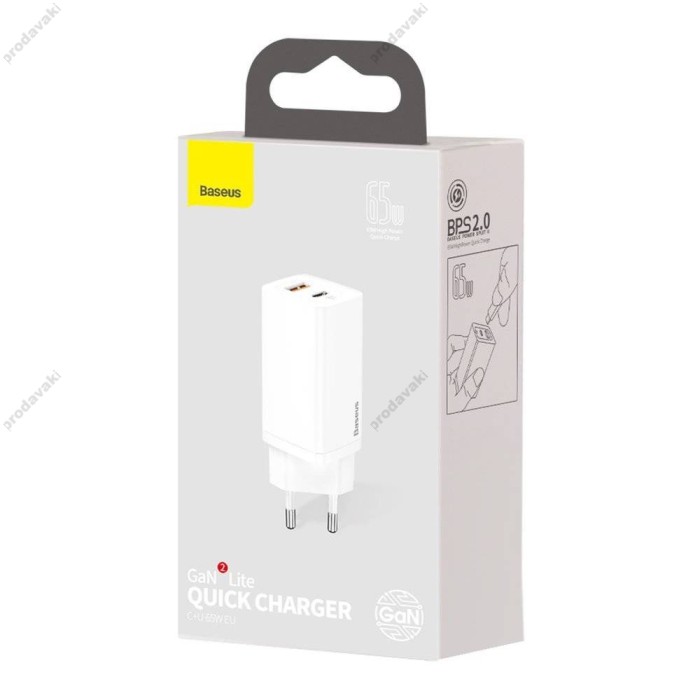 Зарядний пристрій Baseus GaN2 Lite Quick Charger C+U 65W White CCGAN2L-B02