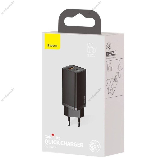 Мережевий зарядний пристрій Baseus GaN2 Lite Quick Charger C+U 65W Black CCGAN2L-B01
