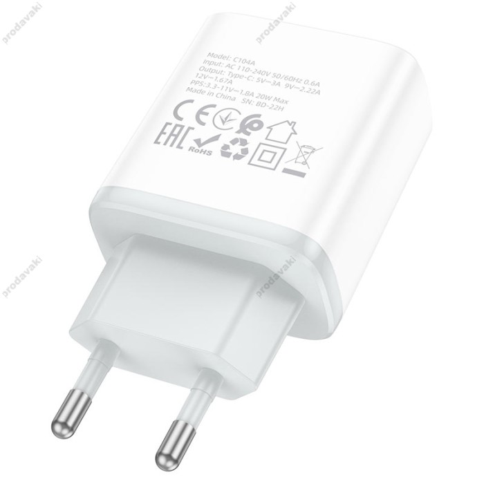 Мережевий зарядний пристрій HOCO C104A Stage single port Type-C to Lightning 20W White
