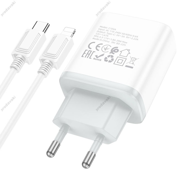 Мережевий зарядний пристрій HOCO C104A Stage single port Type-C to Lightning 20W White