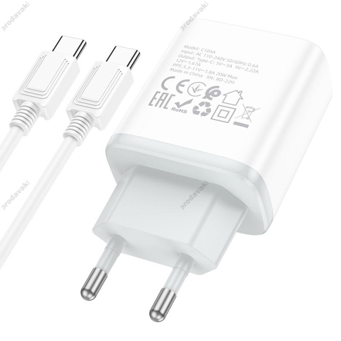Мережевий зарядний пристрій HOCO C104A Stage single port Type-C to Type-C 20W White
