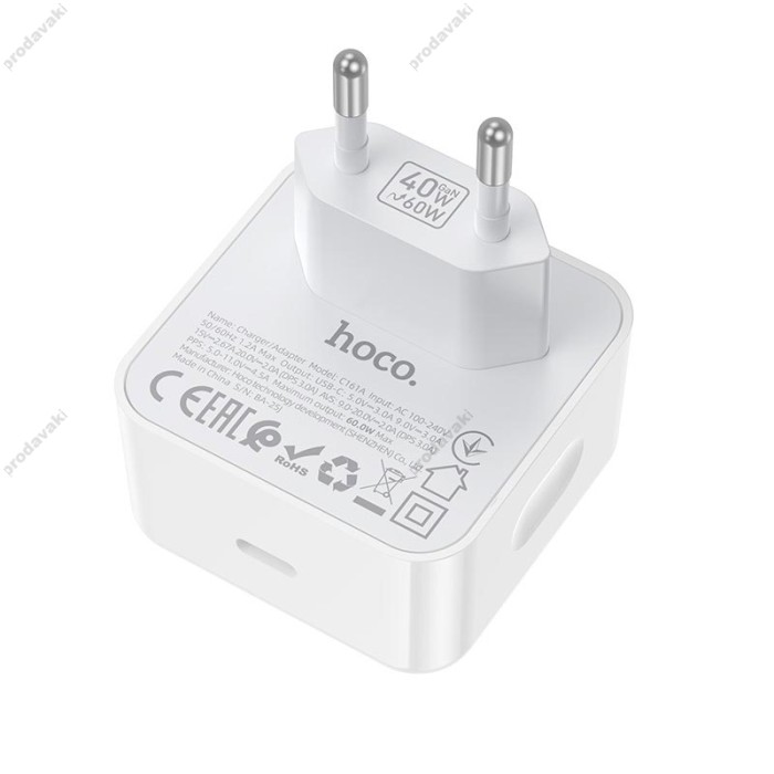 Мережевий зарядний пристрій HOCO C161A Speed single port PD charger Type-C cable 40W White