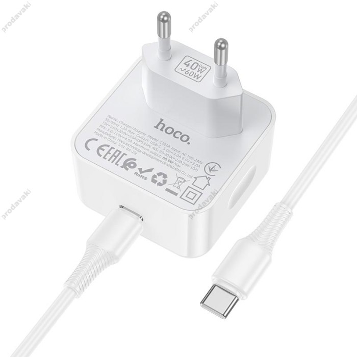 Мережевий зарядний пристрій HOCO C161A Speed single port PD charger Type-C cable 40W White