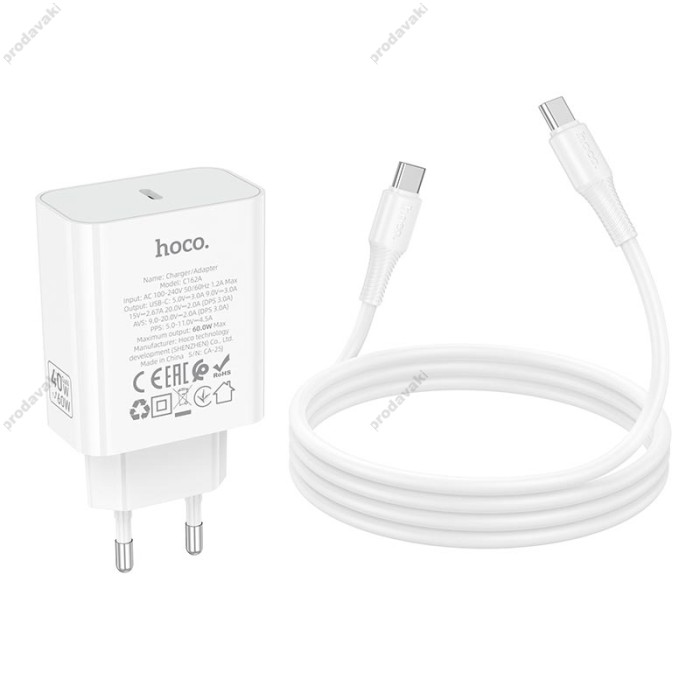 Мережевий зарядний пристрій HOCO C162A Source single port PD charger Type-C cable 60W White