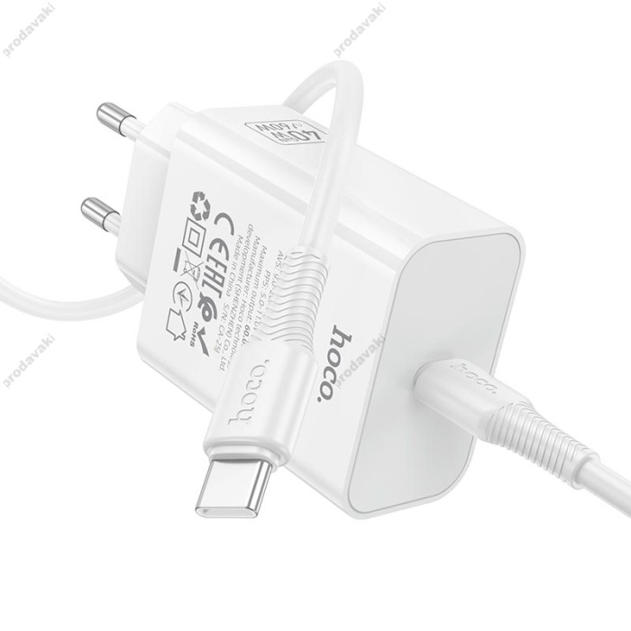 Мережевий зарядний пристрій HOCO C162A Source single port PD charger Type-C cable 60W White