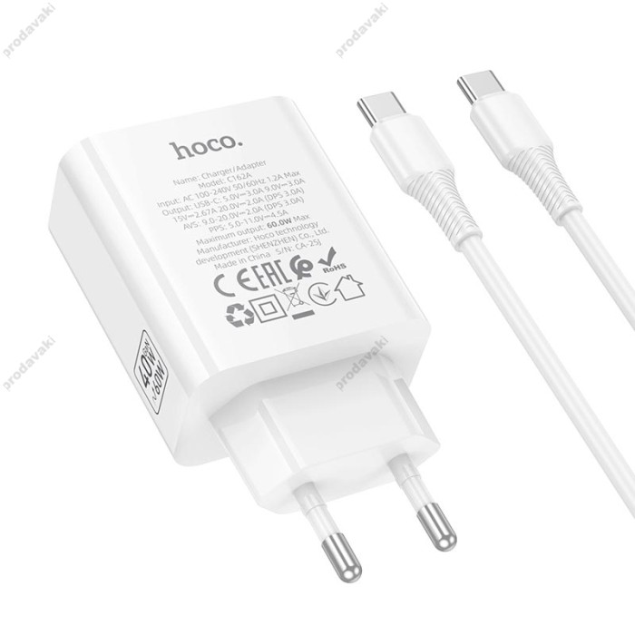 Мережевий зарядний пристрій HOCO C162A Source single port PD charger Type-C cable 60W White