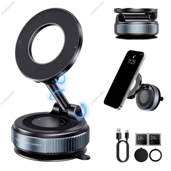 Автомобільний тримач XO C169 Vacuum suction cup locking magnetic suction bracket (with magnet ring) Black