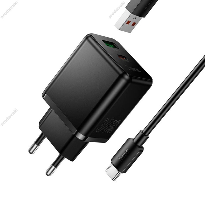 Мережевий зарядний пристрій HOCO C157A Smart PD multi-protocol charger Type-C cable 30W Black