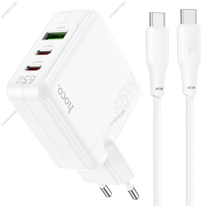 Мережевий зарядний пристрій HOCO C115A Header three-port Type-C cable 65W White