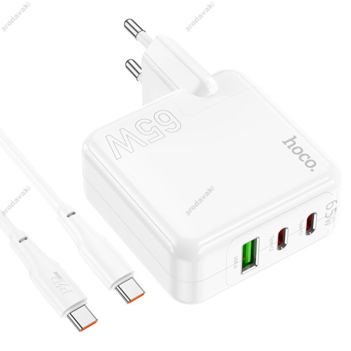 Мережевий зарядний пристрій HOCO C115A Header three-port Type-C cable 65W White