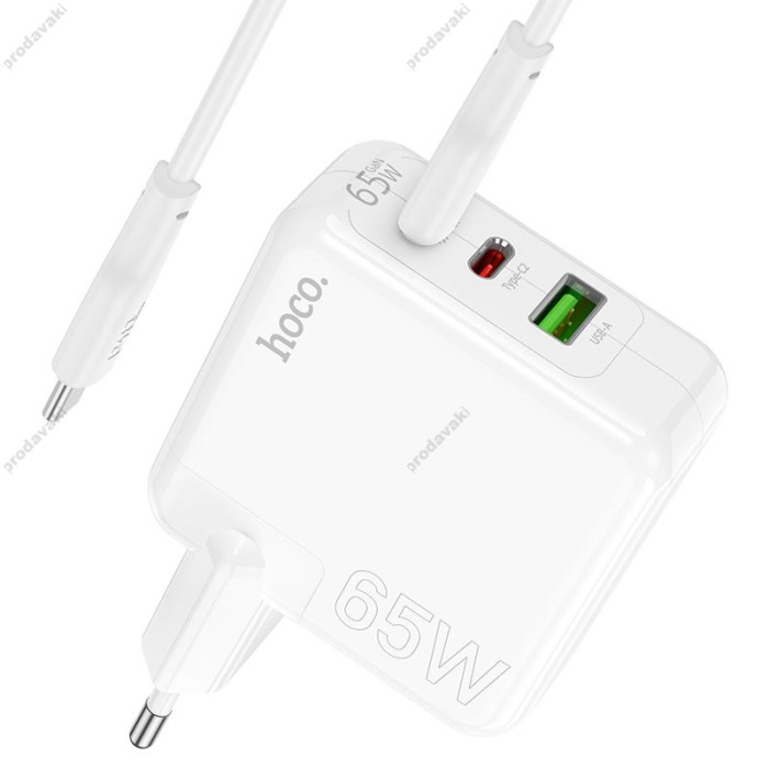 Мережевий зарядний пристрій HOCO C115A Header three-port Type-C cable 65W White
